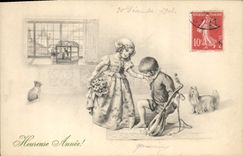 CPA Fantaisie Enfants Chien Chat Oiseau 