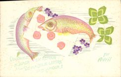 CPA Fantaisie Fleurs Poissons Trefles 1er Avril