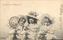 CPA Fantaisie Enfants Paques Agneaux 