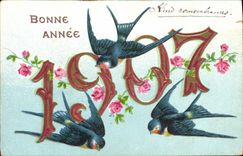 CPA Fantaisie Fleurs Hirondelles Annee 1907