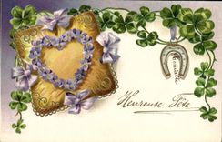 CPA Fantaisie Fleurs Fer a cheval Trefles