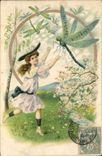Vintage Postcard Fantasy Flowers Child Dragonfly Insect