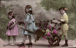 CPA Brouette Enfants Fleurs
