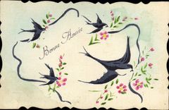 CPA Fantaisie Fleurs (dessin a la main) Hirondelles