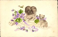 Vintage Postcard Fantasy Flowers Dogs Dog (drawing has the hand)