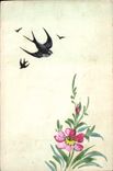 Vintage Postcard Fantasy Flowers Swallow (drawing has the hand)