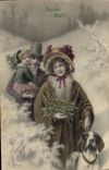 Vintage Postcard Fantasy Woman Dog Christmas