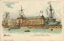 Vintage Postcard transparent Chart Paris World Fair 1900 Palates of the Land forces and sea Boat Boats Steamer