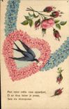 CPA Fantaisie Fleurs Coeur Hirondelle