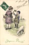 Vintage Postcard Fantasy Children Easter Lamb