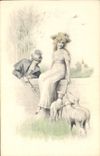 Vintage Postcard Fantasy Woman Lamb
