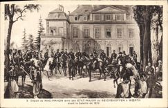 CPA Militaria Depart de Mac Mahon avec son Etat Major de Reichshoffen a Woerth avant la bataille de 1870 