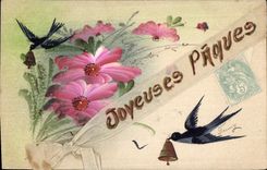 CPA Fantaisie (dessin a la main) Fleurs Paques Hirondelles 