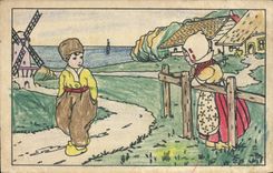 CPA Fantaisie (dessin a la main) Enfants Moulin a vent 