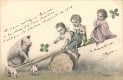 CPA Fantaisie Enfants Cochon Porc Trefle 