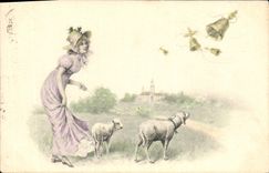 Vintage Postcard Fantasy Woman Lamb Bells