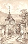 Vintage Postcard Fantasy (drawing has the hand) Village Bell-tower of St Jean d' Arcy
