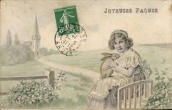 CPA Fantaisie Enfant Lapin Paques 