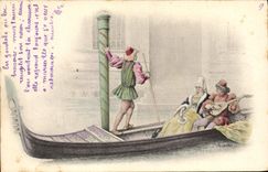 Vintage Postcard Fantaisie Woman Troubadour Warps Boat