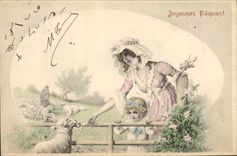 Vintage Postcard Fantasy Child wife Easter Lambs