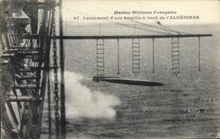 Vintage Postcard Warship Launching of a torpedo has edge of Algeciras