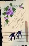 CPA Fantaisie (dessin a la main) Fleurs Hirondelles