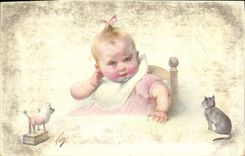 Vintage Postcard Fantasy Child Baby Cat Kitten