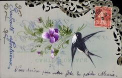 CPA Carte transparente Fleurs Hirondelle