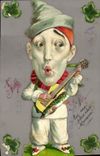 Vintage Postcard transparent Chart Flowers Clown Clover Guitar Poisson
