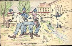CPA Fantaisie (dessin a la main) Soldats Miltiaria La soupe