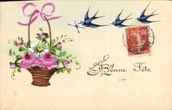 CPA Fantaisie (dessin a la main) Fleurs Hirondelles