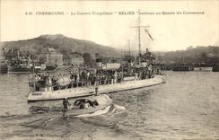 Vintage Postcard Warship Cherbourg against destroyer Ram entering to the Basin commercial