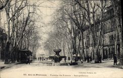 Vintage Postcard Under Aix Prefecture in Provence Fountain of the 9 guns Tram