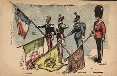 CPA Militaria Les armees d'Europe Le salut du drapeau France Italie Autriche Angleterre