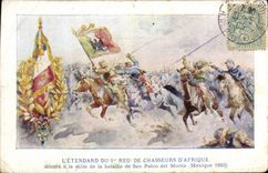 Vintage Postcard Militaria the standard of the 1st regiment of hunters of Africa decorates Bataille with San Pablo del Monte Mexico 1863