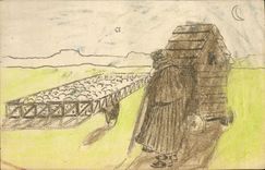 Vintage Postcard Fantasy Shepherd Sheep (drawing has the hand)