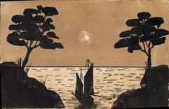 CPA Fantaisie (dessin a la main) Paysage Bateau 