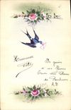 CPA Fantaisie (dessin a la main) Fleurs Hirondelle