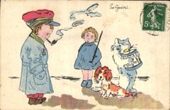 CPA Fantaisie Enfants Le general Chien Chat 
