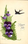 CPA Fantaisie (dessin a la main) Fleurs Hirondelle