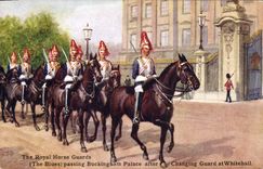 CPA Militaria The Royal Horse Guards The Blues passing Buckingham Palace London Londres Whitehall