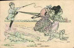 CPA Fantaisie (dessin a la main) Enfants Au cheval chien Alsace