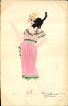 CPA Fantaisie (dessin a la main) Femme Chat