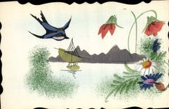 CPA Fantaisie (dessin a la main)  Fleurs Hirondelle Bateau 