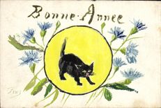 CPA Fantaisie (dessin a la main)  Fleurs Chat