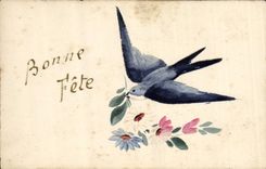 CPA Fantaisie (dessin a la main)  Fleurs Hirondelle 