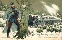 CPA Militaria Nos troupes en campagne Artillerie montee Ouverture du feu 