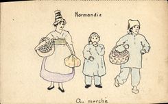 CPA Fantaisie (dessin a la main) Normandie Au marche Femme Foklore