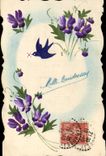 CPA Fantaisie (dessin a la main) Fleurs Hirondelle 