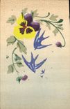 CPA Fantaisie (dessin a la main ) Fleurs Hirondelles
